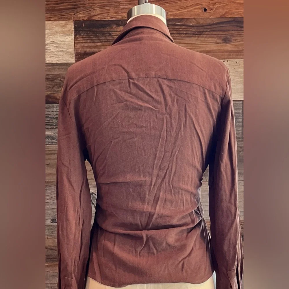 Brown Tie Front Fitted Blouse with Notched Collar - Picture 3 of 4